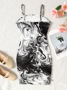 SHEIN Teen Girl Wavy Pattern Cami Strap Form-Fitting Dress - Black and White - View 2