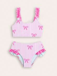 SHEIN GraphicGems Conjunto de bikini con volantes y estampado de lazos a rayas para niñas, traje de baño de dos piezas de verano para niñas