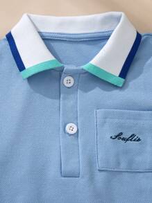 SHEIN Sommer Retro Gentleman Stil Lässig Baby Jungen Jumpsuit, Kontrast Polokragen Halber Knopf Strick Stoff Kurzes Bein Romper - Blau - Übersicht 8