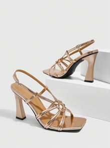 CUCCOO SZL Sandalias de moda de verano para mujer con cordones, punta cuadrada y tacón alto dorado - Champán - Ver 5