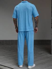 Manfinity Homme Men's Knitted Textured Fabric Polo Shirt And Pants Set - Blue - View 2