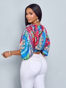 SOLERSUN 女式休闲不对称领口抽绳衬衫，带有随机花卉印花 - 粉色 - 查看 2