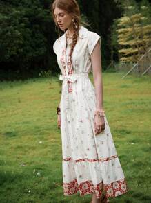 Florisole Damen Boho Blumen V-Ausschnitt ärmellos Maxikleid mit gestuftem Rock und verstellbarem Taillenband, elegantes Kleid für Frühling/Sommer