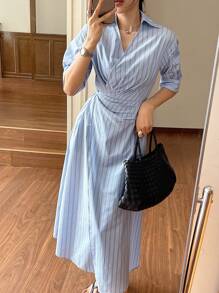 DAZY Damen Sommer Lässig/Berufskleidung langes Wickelkleid mit Streifenmuster und Knöpfen vorne