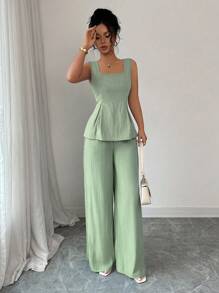 Elenzga 2 件套：无袖露背短款上衣，系带细节 + 阔腿裤，时尚休闲搭配套装，2025 年春夏 - 薄荷綠 - 查看 5