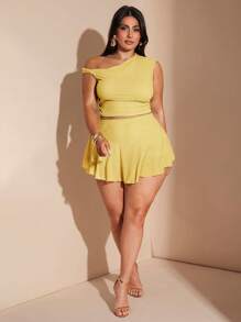 SHEIN BAE 大码女式两件套：鼠尾草绿色不对称肩部褶饰不对称上衣，紧身荷叶边下摆迷你裙，海滩度假装 - 黃色 - 查看 4