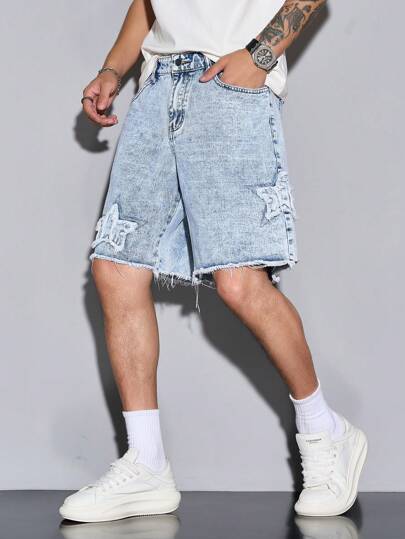 Manfinity Homme 男士休闲五角星图案牛仔短裤，简约日常穿着浅蓝色牛仔短裤男士酸洗牛仔短裤