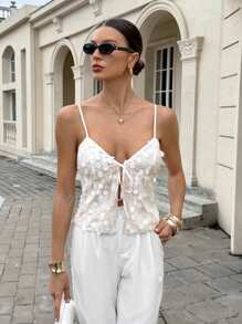 Siren Gaze 女式夏季纯色前系带亮片吊带背心 - 杏色 - 查看 1