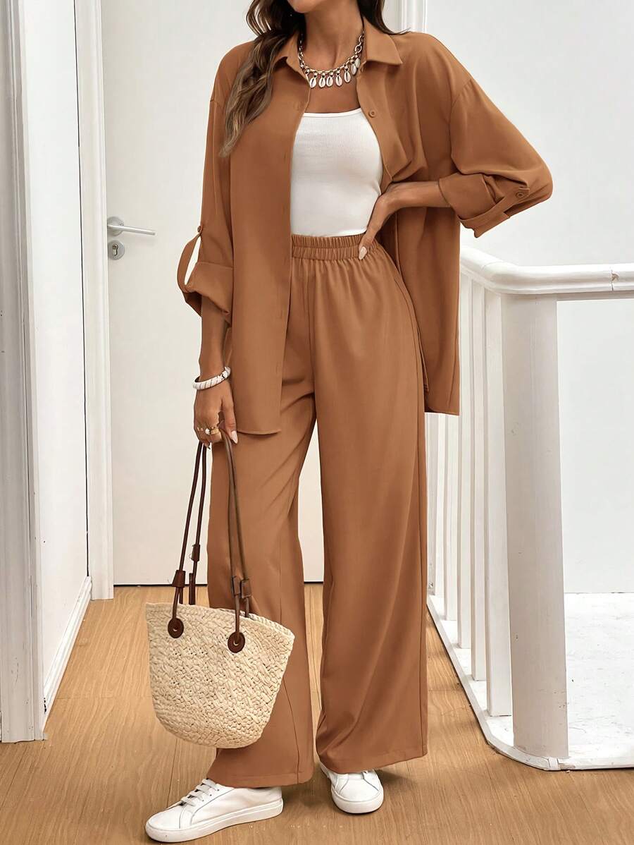 SHEIN Frenchy 女式纯色翻边袖单排扣衬衫配裤子，两件套休闲西装 - 棕色 - 查看 1