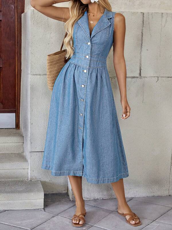EMERY ROSE Rochie midi din denim pentru femei, fără mâneci, stil casual de sărbătoare, albastră