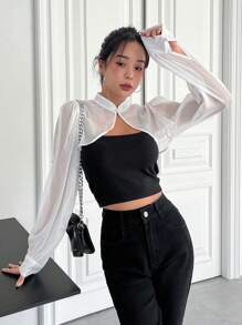 DAZY Áo crop top tay phồng cổ trụ dáng rộng không có áo hai dây, Áo dài tay cho nữ mặc khi trở lại trường, Quần áo mùa thu cho nữ - trắng - Xem 6