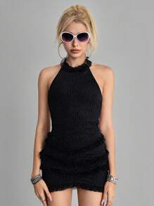 ROMWE Avant 女士波点印花层叠荷叶边露背紧身迷你连衣裙，性感 - 黑色 - 查看 2