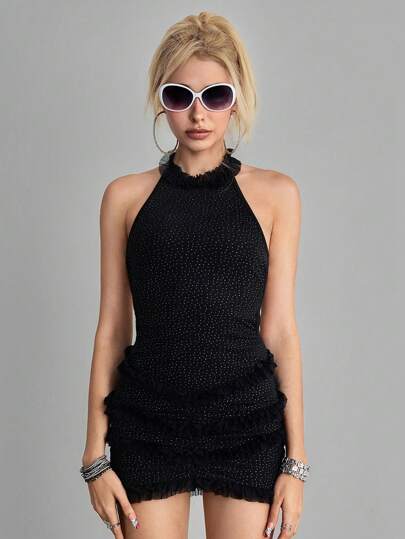 ROMWE Avant Women's Polka Dot Print Tiered Ruffle Trim Halter Bodycon Mini Dress, Sexy