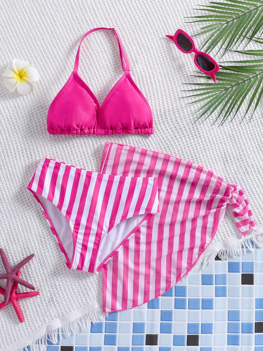 Bộ 3 món đồ bơi nữ cho bé gái, họa tiết sọc & hoa phong cách đi biển nghỉ dưỡng, bộ bikini cho bé gái tuổi teen, đồ tắm nữ phong cách preppy cho bé gái tuổi teen - Màu Hồng Tươi - Xem 1