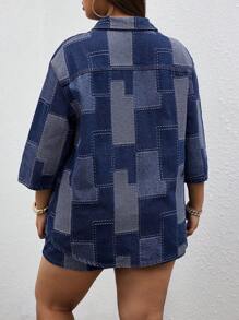 SHEIN SXY 大码女式牛仔夹克，纹理提花图案，性感时尚的夏日度假 - 深色水洗藍 - 查看 2