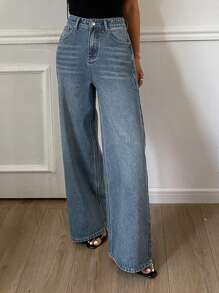 Livesso 女式宽松休闲直筒牛仔裤，带口袋，女士休闲纽扣、口袋、拉链自然阔腿长蓝色宽松女式牛仔裤，春/秋，休闲日常穿着 - 藍色 - 查看 5