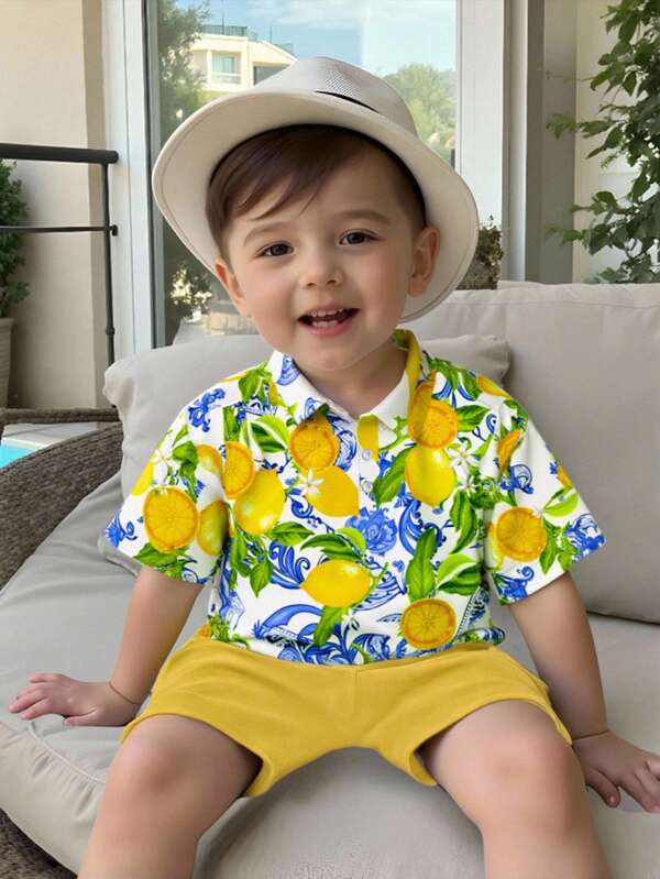 SHEIN LEMON, Lässiges einfaches Zitronenmuster Polo-Shirt mit kurzem Ärmel für kleine Jungen, geeignet für Frühling/Sommer