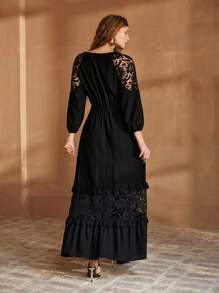 MOTF PREMIUM LINEN CONTRAST LACE CUT OUT DRESS - Black - View 6