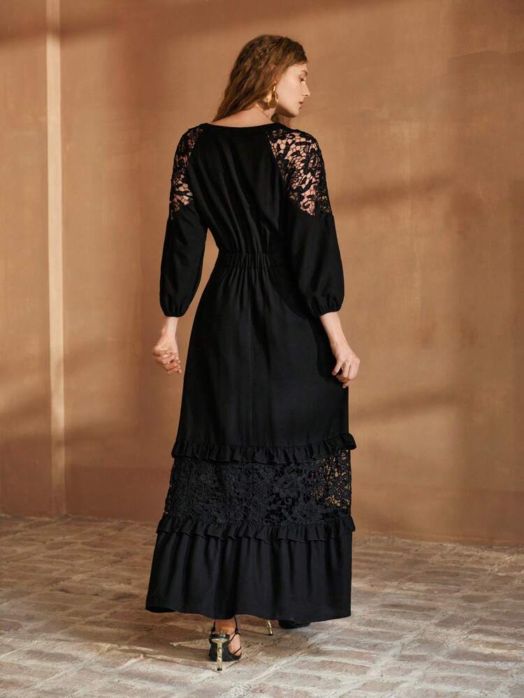 LINEN CONTRAST LACE CUT OUT DRESS