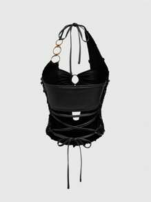 ROMWE Avant Top halter sin espalda con cuello con lentejuelas y escote sexy para mujer, para festivales de música - Negro - Ver 2