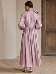 Anewsta 女士长款灰绿色连衣裙，春秋款，褶皱腰身，光泽，优雅百搭