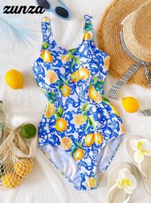 Traje de baño de una pieza con estampado de flores y limones para adolescentes/jóvenes, bañador informal para nadar y vacaciones