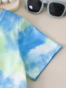 2pcs/Set Girls Tie-Dye Asymmetrical Short Sleeve Top & Elastic Waist Shorts Casual Outfit, Summer - Multicolor - View 5