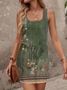 SHEIN LUNE 女士休闲绿色花卉印花短裙，适合春夏季度假