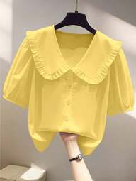 Modna, uniwersalna bluzka damska z bufiastymi rękawami i kołnierzykiem typu Piotruś Pan