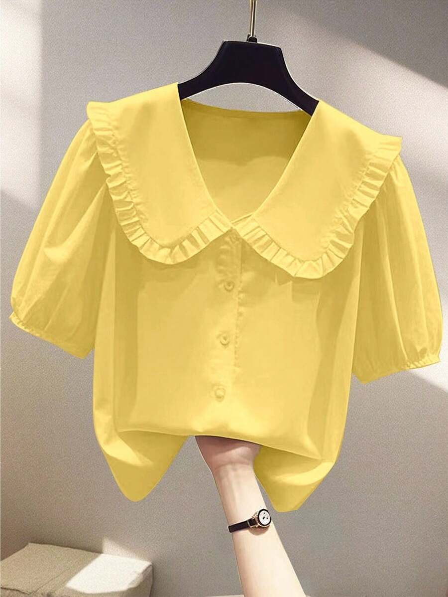 Franclia 时尚百搭彼得潘领泡泡袖单排扣宽松女式衬衫