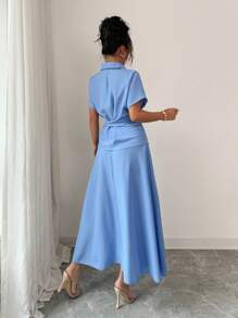 Rafferiza 时尚休闲百搭宽松短袖上衣，前系带和 A 字迷你裙两件套，适合年轻女士，蓝色，春夏 - 藍色 - 查看 2