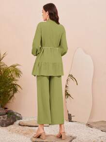Mulvari Floral Embroidery Tassel Detail Belted Top & Wide Leg Pants 2 Pieces Set - Green - View 2