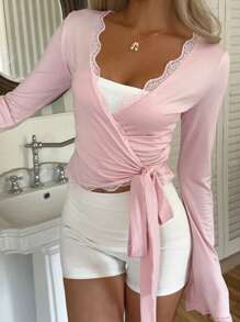 SHEIN EZwear Women's Elegant Solid Color Flared Sleeve Lace Trim Tie Front T-Shirt, Summer