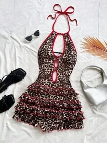 Soleia Women's Retro Leopard Print Stitching Red V-Neck Halter Tied Front Hollow Ruffle Hem Jumpsuit, Slim Fit Sexy Outfit For Vacation, Date, Music Festival, Bohemian,Summer Outfits For Women,Vacation Outfits Woman,Vacation Outfits Woman, Off The Shoulder Dress Leopard Print Bathing Suit Cheetah Print Bathing Suit Animal Print Swimsuit Bathing Suit Dress Ruffle Bathing Suit - Multicolor - View 5