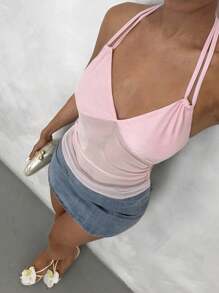 Glamine Top corto halter de malla con parches sexy para vacaciones de mujer - Rosa Pálido - Ver 3