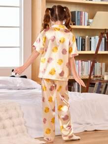 SHEIN 可爱鸭子印花少女软缎睡衣套装