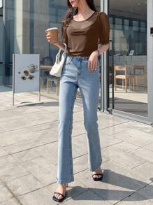 DAZY 女士半透明短袖圆领网眼套头休闲上衣，夏季 - 棕色 - 查看 4