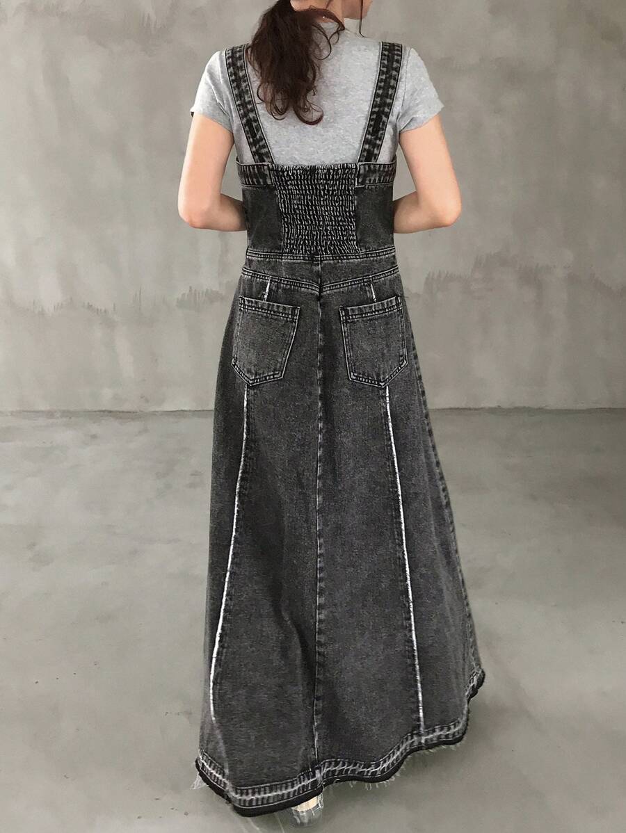 FRIFUL 女式休闲水洗无袖加长牛仔连衣裙 - 黑色 - 查看 1