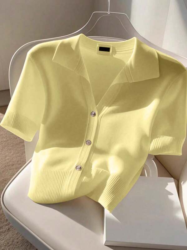 Franclia Top tricotat cu guler polo pentru femei, stil coreean, casual și business, de vară nouă