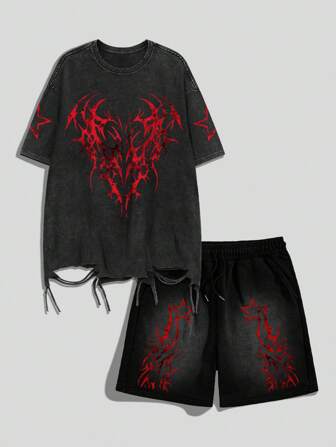 Goth Set di maglietta casual e pantaloncini da uomo con stampa a stelle e lavaggio consumato, adatto per l'estate