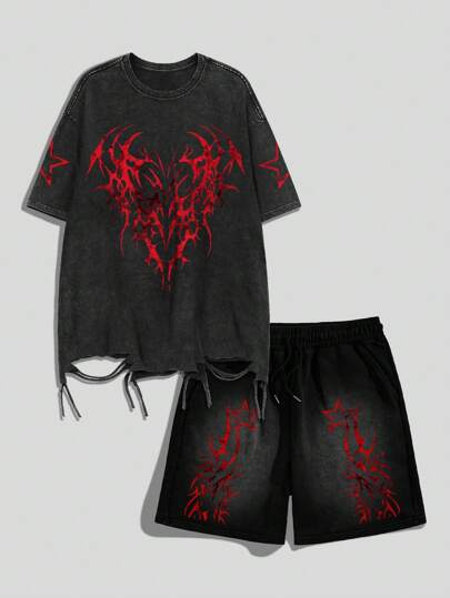 Goth Men's Casual Star Print Distressed Washed T-Shirt And Shorts Set, Summer