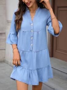 SHEIN Vestido casual de mujer con escote en pico, mangas acampanadas, abotonadura sencilla y dobladillo con volantes