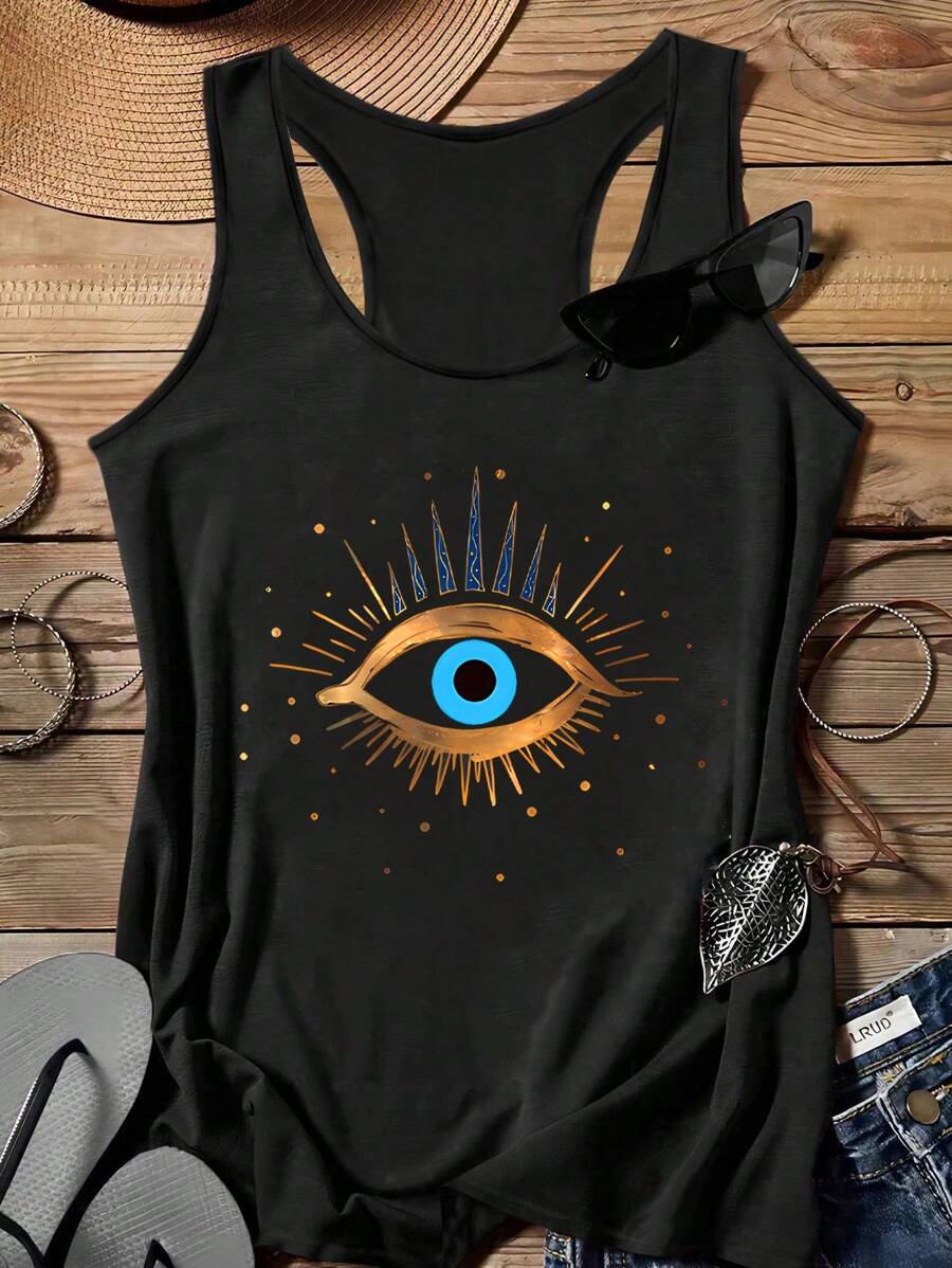 EMERY ROSE 节日休闲简约眼睛印花宽松大码吊带背心夏季图案背心女式独特上衣女式图案背心返校万圣节服装夜间外出上衣 - 黑色 - 查看 1