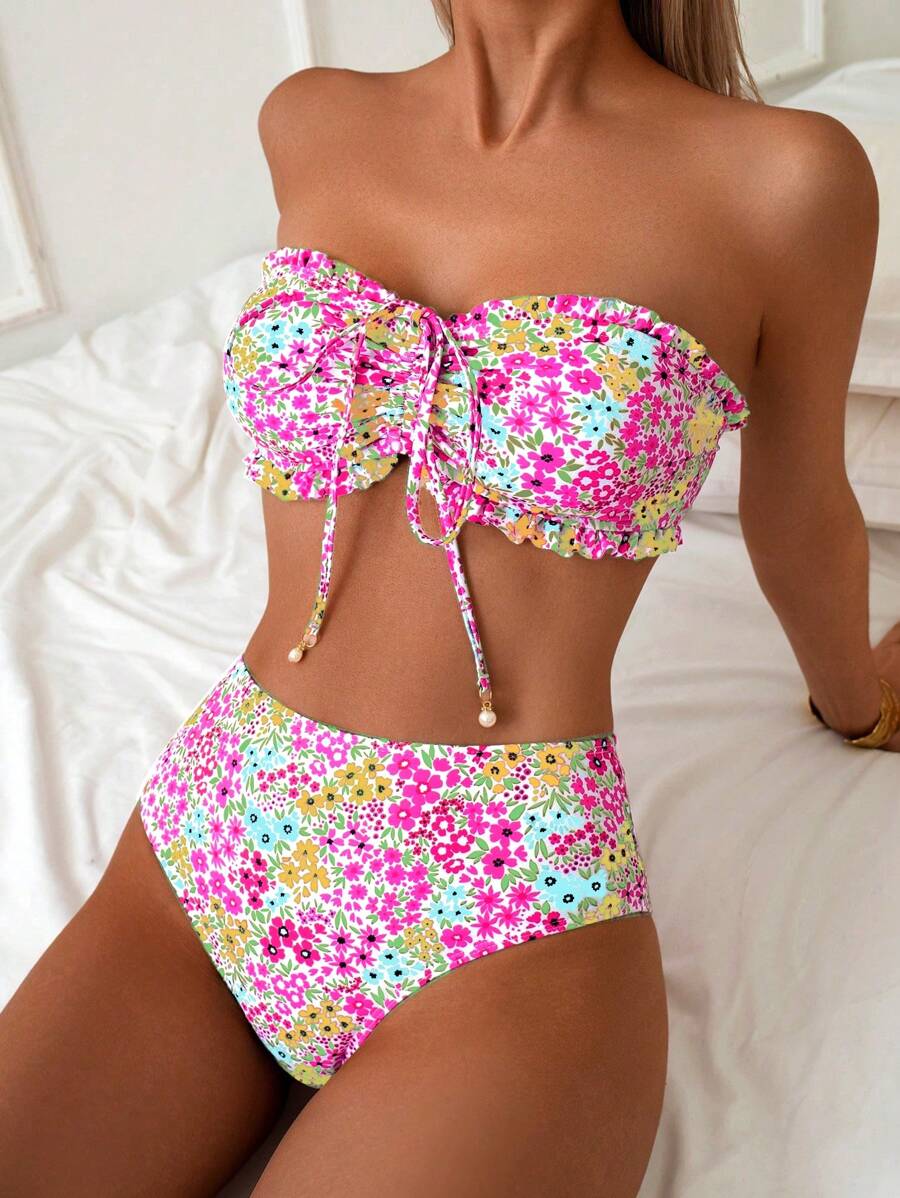 SHEIN Swim 女士海滩夏季休闲可爱碎花荷叶边抹胸泳衣套装,配珍珠吊坠抽绳比基尼 - 彩色 - 查看 1