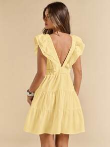 SHEIN BAE Solid Color White Linen Deep V-Neck Short Sleeve Fitted Short Mini Dress, Vacation Dress, White Dress, Graduation/Back To School Dress,Boho Clothes Women - Yellow - View 2