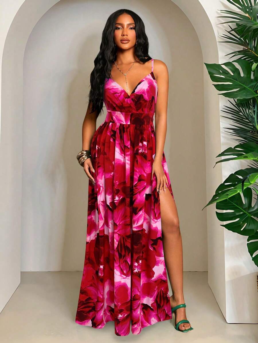 SHEIN SXY 春夏装波西米亚风度假优雅休闲西部服饰音乐节女士绿色扎染印花吊带雪纺超高腰褶皱长裙 - 紅色 - 查看 1