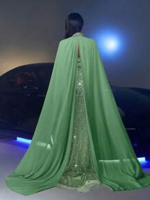 Glamrae Elegant Fancy Contrast-Color Beaded Sequin Splicing Tulle Mermaid Skirt With Detachable Sequin Panel, Suitable For Wedding, Party, Banquet, Ball Gown - Green - View 3