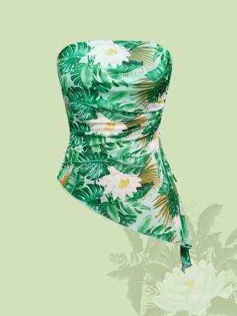 The White Lotus Top a tubo corto con arricciatura in vita, orlo asimmetrico, stampa tropicale, adatto per vacanze estive in spiaggia