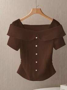 SHEIN Clasi 针织条纹纹理纽扣细节轻盈高端优雅法式白色夏季女式短袖上衣