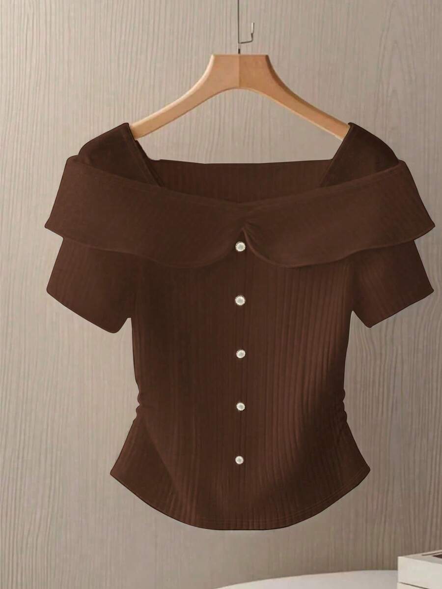 SHEIN Clasi 针织条纹纹理纽扣细节轻盈高端优雅法式白色夏季女式短袖上衣